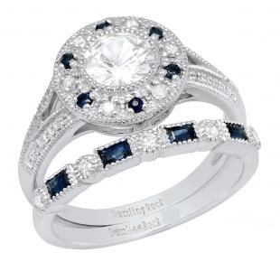 10K White Gold 6 MM Round White SapphireRound & Baguette Blue Sapphire & Diamond Ladies Ring Set