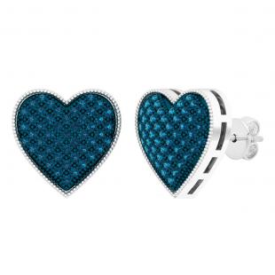 0.55 Carat (ctw) Sterling Silver Round Blue Diamond Ladies Heart Shape Stud Earrings 1/2 CT