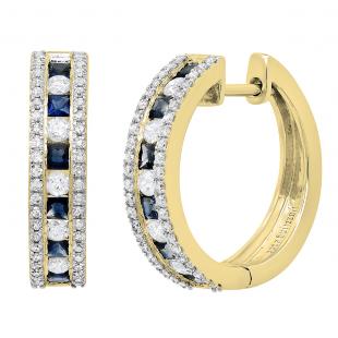 18K Yellow Gold Princess Blue Sapphire & Round White Diamond Ladies Fashion Hoop Earrings