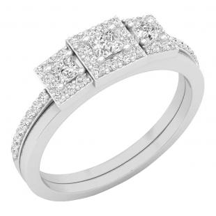 0.60 Carat (ctw) 10K White Gold Princess & Round White Diamond 3 Stone Bridal Engagement Ring Set