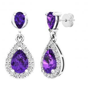 10K White Gold 7X5 MM Each Pear Amethyst & Round White Diamond Ladies Dangling Drop Earrings