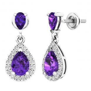 14K White Gold 7X5 MM Each Pear Amethyst & Round White Diamond Ladies Dangling Drop Earrings