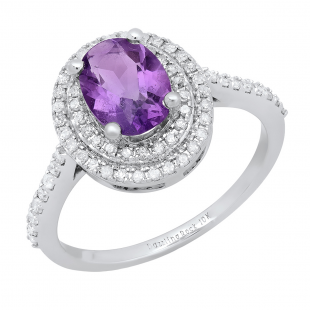 18K White Gold 8X6 MM Oval Amethyst & Round White Diamond Ladies Bridal Halo Style Engagement Ring