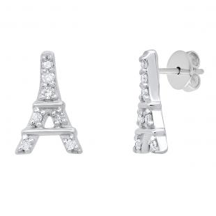 Round White Diamond Eiffel Tower Stud Earrings for Women (0.10 ctw, Color I-J, Clarity I2-I3) in 925 Sterling Silver in Push Back