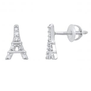 Round White Diamond Eiffel Tower Stud Earrings for Women (0.10 ctw, Color I-J, Clarity I2-I3) in 925 Sterling Silver in Screw Back