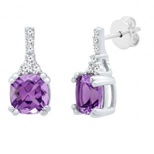 Sterling Silver 6 MM Each Cushion Amethyst & Round White Diamond Ladies Halo Drop Earrings