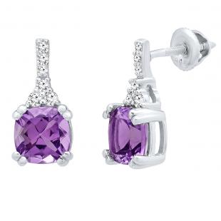 Sterling Silver 6 MM Each Cushion Amethyst & Round White Diamond Ladies Halo Drop Earrings