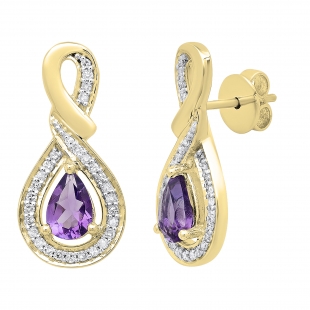 10K Yellow Gold 6X4 MM Each Pear Amethyst & Round Diamond Ladies Drop Earrings