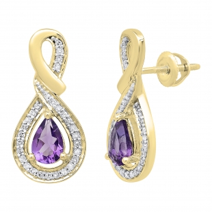14K Yellow Gold 6X4 MM Each Pear Amethyst & Round Diamond Ladies Drop Earrings