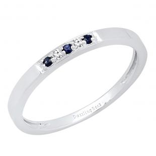 18K White Gold Round Blue Sapphire & White Diamond Ladies Five Stone Anniversary Wedding Band