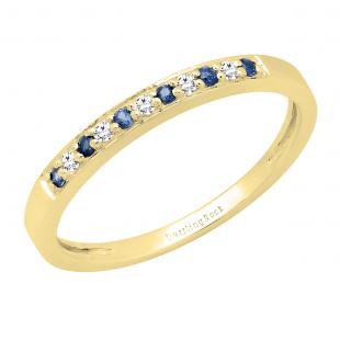 14K Yellow Gold Round Blue Sapphire & White Diamond Ladies Anniversary Wedding Band