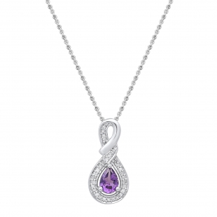 10K White Gold 7X5 MM Pear Amethyst & Round Diamond Ladies Pendant (Silver Chain Included)