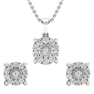 1.00 Carat (ctw) Sterling Silver Round White Diamond Ladies Halo Style Earring & Pendant Set 1 CT