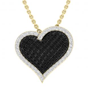 0.80 Carat (ctw) 18K Yellow Gold Round Black & White Diamond Ladies Heart Pendant 3/4 CT