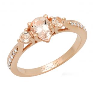 10K Rose Gold 7X5 MM Pear Morganite & Round White Diamond Bridal 3 Stone Engagement Ring
