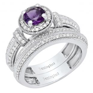 14K White Gold 6 MM Round Amethyst & White Diamond Ladies Engagement Bridal Band Ring Set