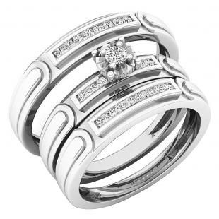 0.30 Carat (ctw) 10K White Gold Round Diamond Men & Women's Engagement Ring Trio Bridal Set 1/3 CT