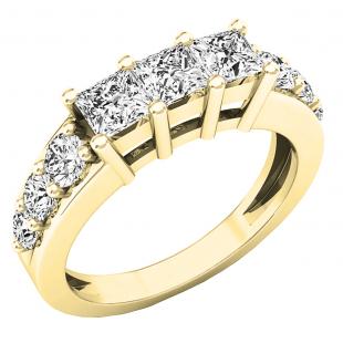 1.50 Carat (ctw) 14K Yellow Gold Princess & Round Diamond Ladies 3 Stone Engagement Ring 1 1/2 CT