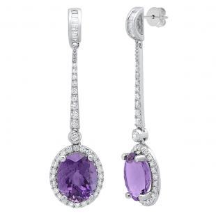 14K White Gold Each 11X9 MM Oval Amethyst And Round & baguette Diamond Ladies Dangling Earrings