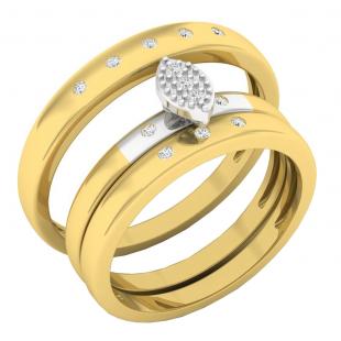 0.10 Carat (ctw) 14K Yellow Gold Round Diamond Men & Women's Cluster Ring Trio Set 1/10 CT