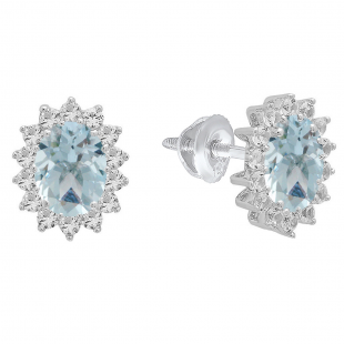 Sterling Silver Each 7X5 MM Oval Aquamarine & Round White Sapphire Ladies Halo Style Stud Earrings