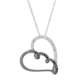0.33 Carat (ctw) Black Plated Sterling Silver Black & White Diamonds Heart Ladies Pendant 1/3 CT