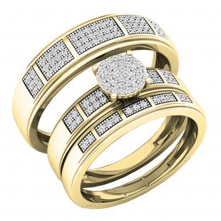 0.35 Carat (ctw) 14K Yellow Gold Round White Diamond Men & Women's Cluster Bridal Trio Set 1/3 CT