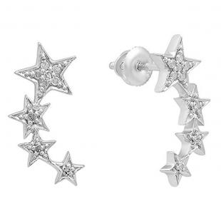 0.10 Carat (ctw) Sterling Silver Round White Diamond Ladies Stars Shaped Climber Earrings 1/10 CT