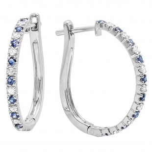 10K White Gold Round Blue Sapphire & White Diamond Ladies Huggies Hoop Earrings