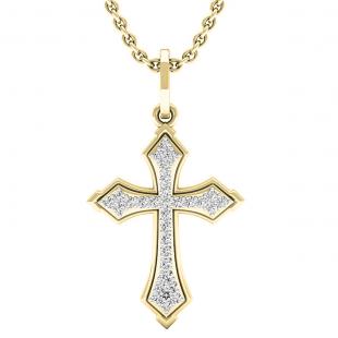 0.15 Carat (ctw) 10K Yellow Gold Round Diamond Ladies Cross Pendant (Gold Chain Included)