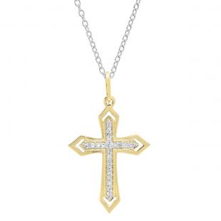 0.10 Carat (ctw) 10K Yellow Gold Round White Diamond Ladies Cross Pendant 1/10 CT