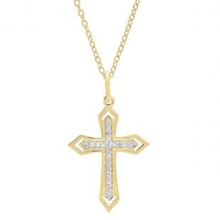 0.10 Carat (ctw) 10K Yellow Gold Round White Diamond Ladies Cross Pendant 1/10 CT