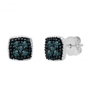 0.10 Carat (ctw) Sterling Silver Round Blue Diamond Ladies Cushion Shape Stud Earrings 1/10 CT