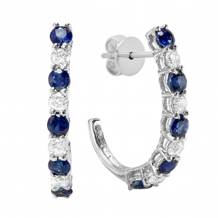 14K White Gold Round White Diamonds & Blue Sapphire Ladies J Shaped Hoop Earrings
