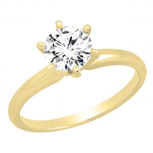 1.00 Carat (ctw) 10K Yellow Gold Round Cubic Zirconia Ladies Solitaire Engagement Ring 1 CT