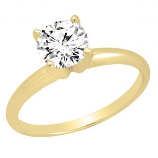 1.00 Carat (ctw) 14K Yellow Gold Round Cubic Zirconia Ladies Solitaire Engagement Ring 1 CT