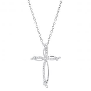 0.10 Carat (ctw) Sterling Silver Round Diamond Ladies Cross Pendant 1/10 CT (Silver Chain Included)
