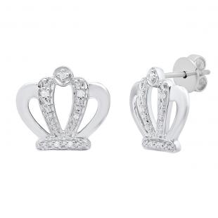 0.10 Carat (ctw) Sterling Silver Round White Diamond Ladies Crown Stud Earrings 1/10 CT