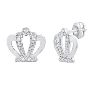 0.10 Carat (ctw) Sterling Silver Round White Diamond Ladies Crown Stud Earrings 1/10 CT