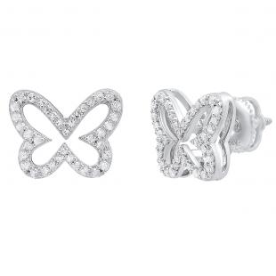 0.45 Carat (ctw) Sterling Silver Round White Diamond Ladies Butterfly Stud Earrings 1/2 CT
