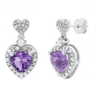 Sterling Silver 6X6 MM Each Heart Amethyst & Round Diamond Ladies Drop Earrings
