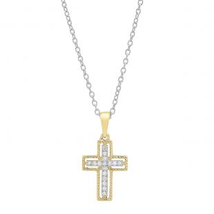 0.10 Carat (ctw) 10K Yellow Gold Round White Diamond Ladies Cross Pendant 1/10 CT