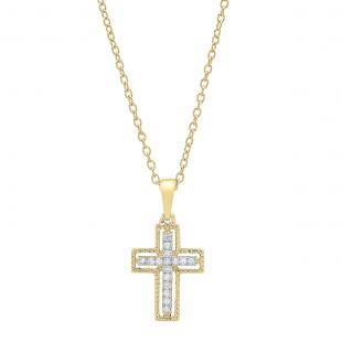 0.10 Carat (ctw) 10K Yellow Gold Round White Diamond Ladies Cross Pendant 1/10 CT