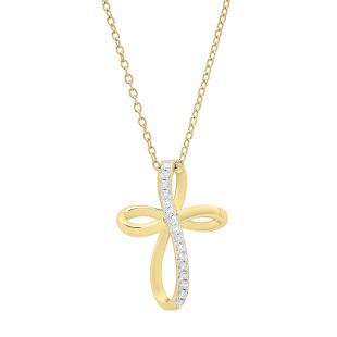 0.15 Carat (ctw) 10K Yellow Gold Round Diamond Ladies Loop Cross Pendant (Gold Chain Included)