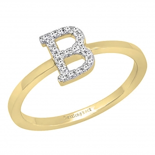 0.10 Carat (ctw) 10K Yellow Gold Round White Diamond Ladies Letter 'B' Initial Ring 1/10 CT
