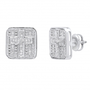 0.15 Carat (ctw) Sterling Silver Round White Diamond Ladies Square Shaped Cross Stud Earrings