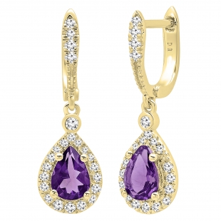 14K Yellow Gold Each 7X5 MM Pear Amethyst & Round White Diamond Ladies Halo Dangling Drop Earrings