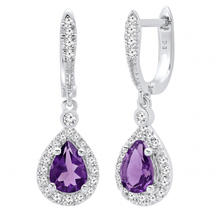 18K White Gold Each 7X5 MM Pear Amethyst & Round White Diamond Ladies Halo Dangling Drop Earrings