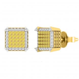 0.31 Carat (ctw) Round Yellow and White Diamond Square Iced Out Dice Shape Unisex Push Back Stud Earrings 1/3 CT in 10K Yellow Gold