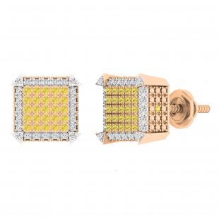 0.31 Carat (ctw) Round Yellow and White Diamond Square Iced Out Dice Shape Unisex Screw Back Stud Earrings 1/3 CT in 18K Rose Gold
